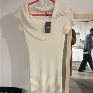 A|X Armani Exchange Cream Cowl-Neck Short Sleeve Sweater